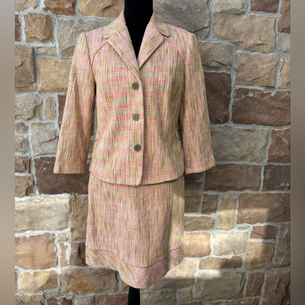 Sigrid Olsen Two Piece Jungle Blossom Pink & Green Tweed 3 Button Skirt Suit